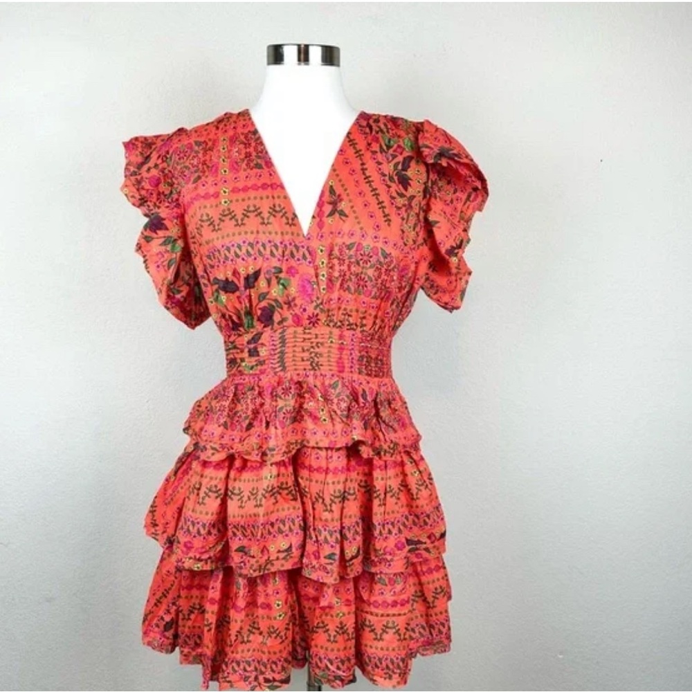 NWT OLIVACEOUS Floral & Ruffle V-Neck Mini Dress